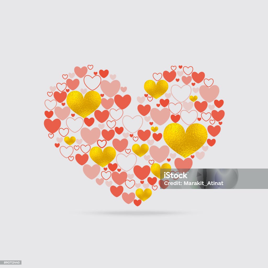 Light Heart Shape Light Heart Shape with Numerous Hearts of Different Form Inside. Include Golden Texture Hearts, Contour Hearts, Hearts with Fill of Various Opacity. Vector EPS 10 Abstract stock vector