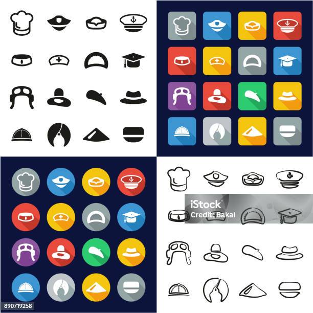 Hat Set 1 All In One Icons Black White Color Flat Design Freehand Set Stock Illustration - Download Image Now