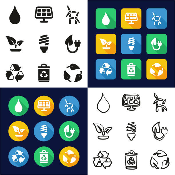 illustrazioni stock, clip art, cartoni animati e icone di tendenza di green energy all in one icons black & white color flat design freehand set - industrial windmill nature recycling computer icon