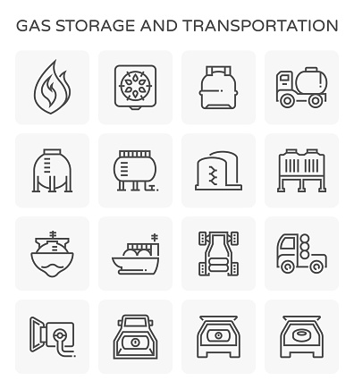 Gas storage and transportation icon set.