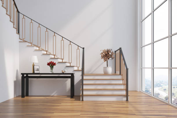 istock White living room, stairs, table 890737224