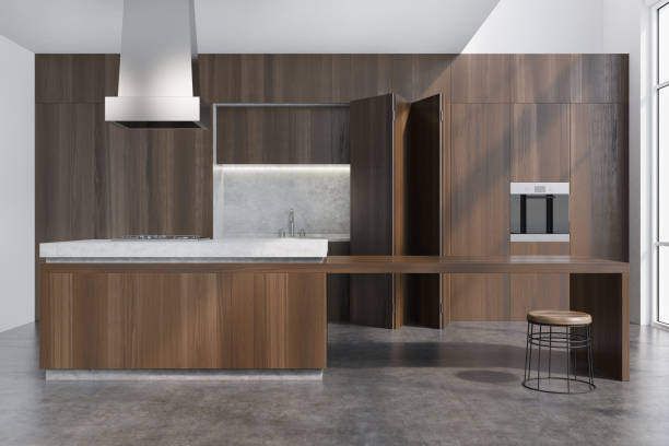 istock Dark wooden dining room with a bar 890737742