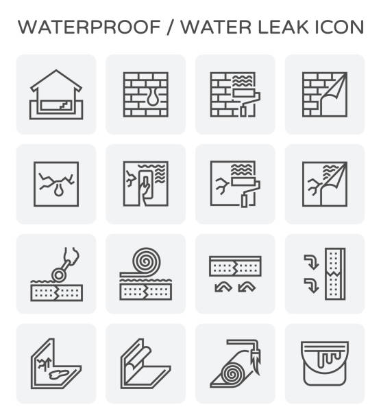 waterproof water leak icon Waterproof and water leak icon set. paint symbols stock illustrations