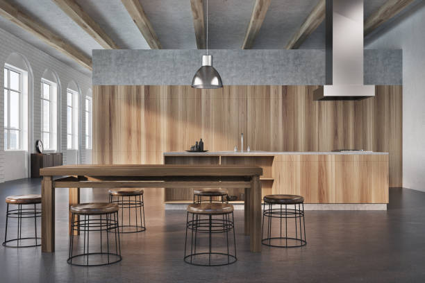 istock Concrete and wooden dining room 890740380