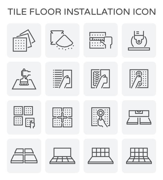 tile floor icon Tile floor installation and material icon set. concrete symbols stock illustrations