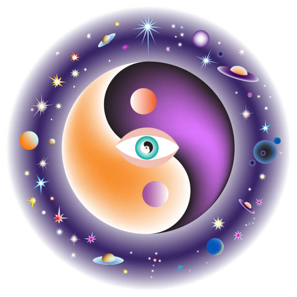 Yin and Yang symbol on background of the space, stars, planets. All seeing eye in the center of the universe. Esoteric Yin and Yang decorative symbol. Vector illustration EPS-8. kurma stock illustrations