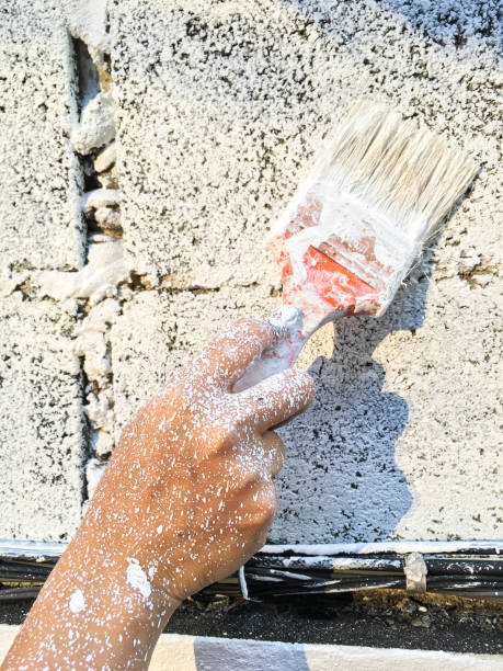 istock Woman's hand using paintbrush with white paint on wall, Stained  hand 890752102