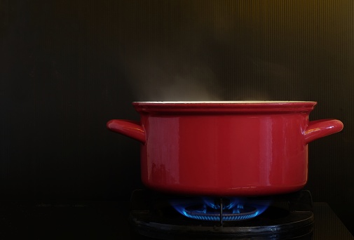 red pot with boiling water on the stove