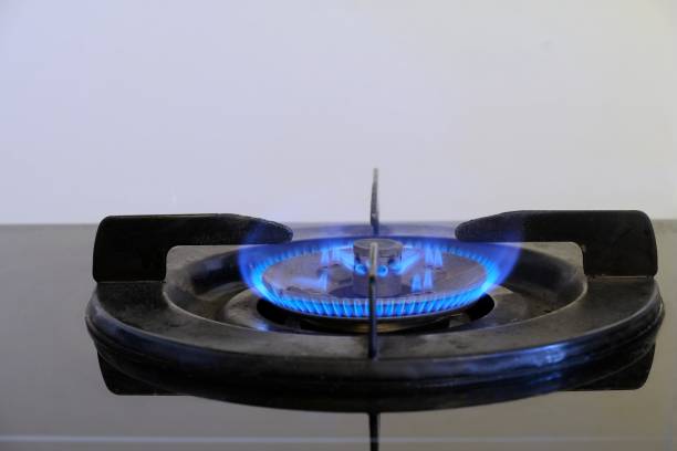 istock kitchen gas stove with blue flames burning white background 890760782