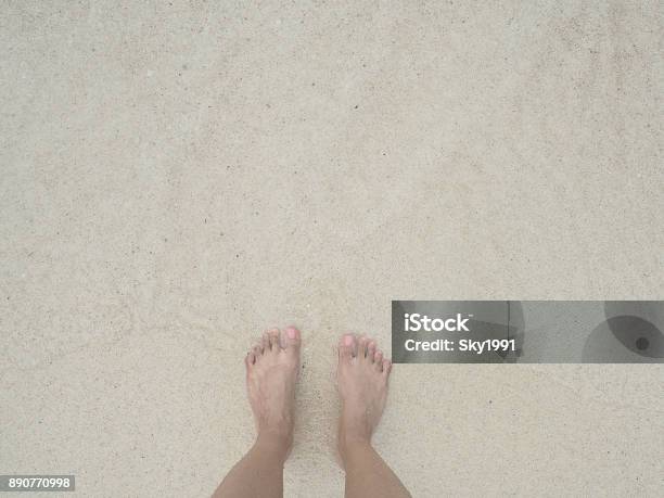 Top Feet On Beach Relax Summer In Sea Stock Photo - Download Image Now - Above, Adult, Barefoot