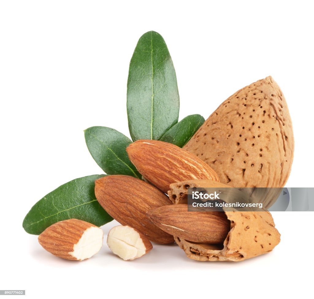 Group of almond nuts with leaves isolated on white background Group of almond nuts with leaves isolated on a white background. Active Seniors Stock Photo