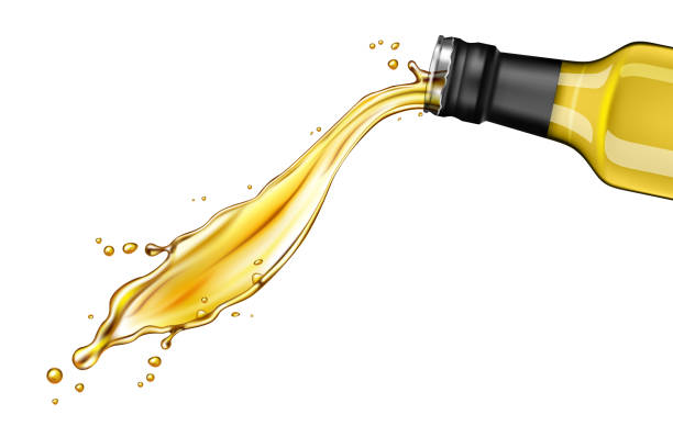 pouring oil from glass bottle pouring oil from glass bottle against white background olive oil pouring antioxidant liquid stock illustrations