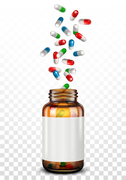 ilustraciones, imágenes clip art, dibujos animados e iconos de stock de píldoras médicas caer en tarro de cristal - pharmacy medicine narcotic nutritional supplement