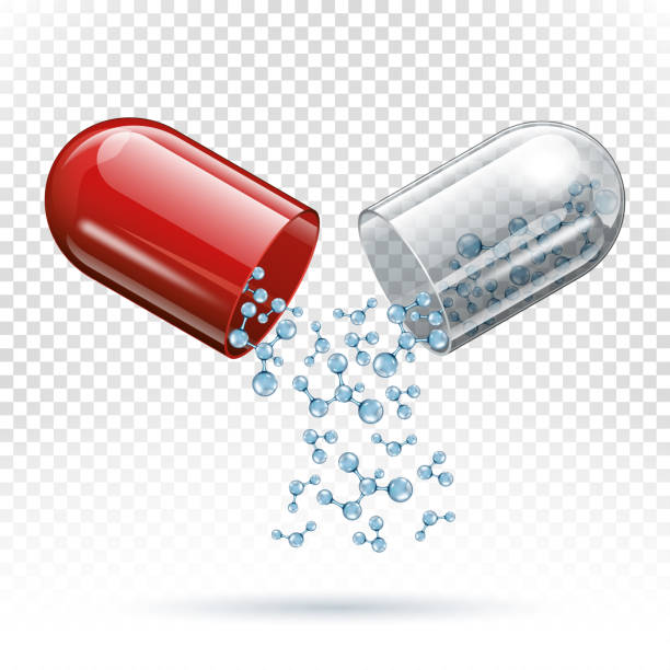 ilustrações de stock, clip art, desenhos animados e ícones de capsule pill and molecules as medical concept - capsule vitamin pill white background healthcare and medicine