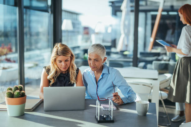 Combining their creative powers Two businesswoman having a meeting in the office older blonde woman stock pictures, royalty-free photos & images