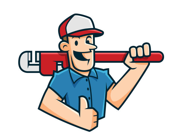 maskotka hydraulika, postać hydraulika, rysunek pracownika - mechanic plumber repairman repairing stock illustrations