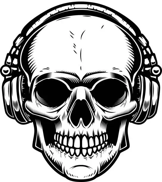 Vector illustration of Skull with headphones Design element for poster, emblem, sign, t shirt. Vector illustration