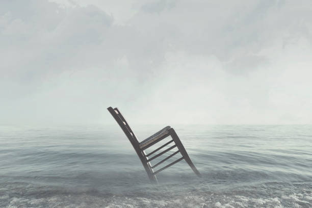 surreal image of a chair that is in oblique equilibrium alone