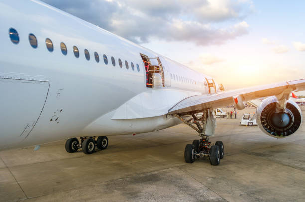 istock Passenger aircraft portholes, doors, wing. View from the tail. 890790624