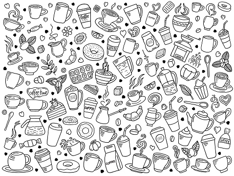 collection of coffee time elements with food, vector hand drawn doodle set