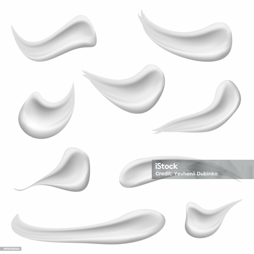 Set of cosmetic white cream texture. Realistic skin cosmetic cream, gel or foam drop isolated on white background Set of cosmetic white cream texture. Realistic skin cosmetic cream, gel or foam drop isolated on white background. Vector Moisturizer stock vector