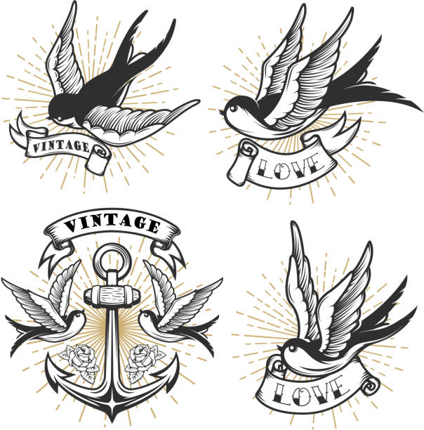 Set of vintage style tattoo with swallow birds, anchor isolated on white background. Set of vintage style tattoo with swallow birds, anchor isolated on white background. Design element for label, emblem, sign. Vector illustration. vintage sailor stock illustrations