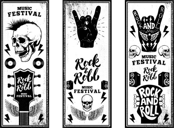 ilustraciones, imágenes clip art, dibujos animados e iconos de stock de plantilla de flyers de fiesta rock and roll. guitarras vintage, skull punk, rock y roll firman sobre fondo grunge. - música punk