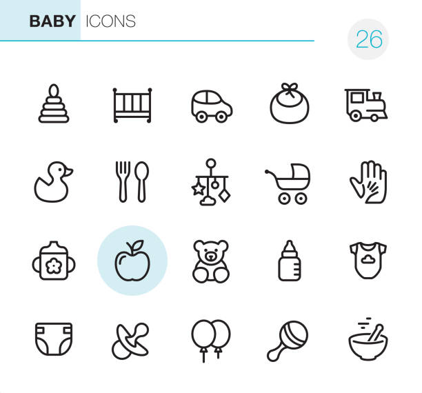 Baby Goods - Pixel Perfect icons 20 Outline Style - Black line - Pixel Perfect Baby icons / Set #26 bear icons stock illustrations