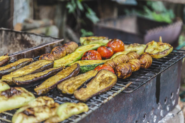 istock Assorted grilled vegetables.Chef cooking vegetables.top view close up 890859742
