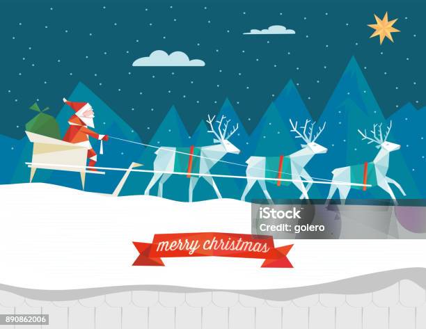 Santa Claus With Reindeer Sleigh On The Roof Stock Illustration - Download Image Now - Abstract, Animal Sleigh, Backgrounds