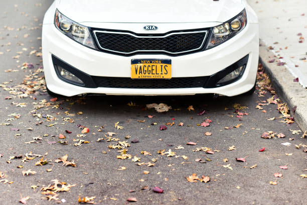 Vanity Plate New York, USA - December 04, 2017: A New York State vanity license plate that reads 'VAGGELIS' on a white Kia sedan. new york state license plate stock pictures, royalty-free photos & images