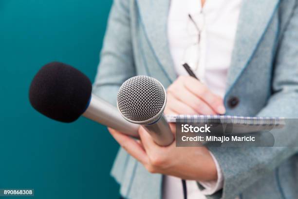Female Journalist At Press Conference Writing Notes Holding Microphone Stock Photo - Download Image Now