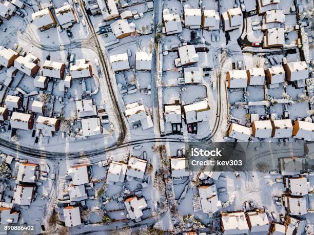 Aerial View Of Snowed In Traditional Housing Suburbs In England Stock Photo - Download Image Now