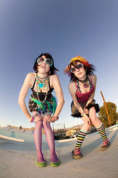 Punk Girls on a Roof  fish eye effect stock pictures, royalty-free photos & images