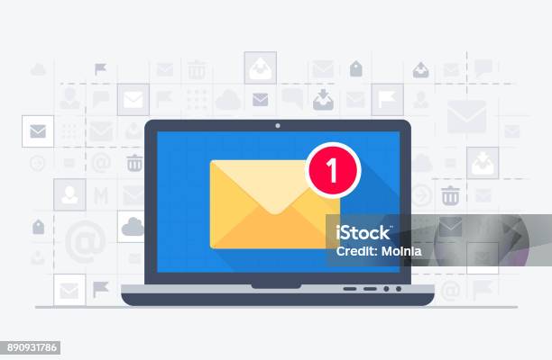 Laptop Und Die Emailbenachrichtigung Stock Vektor Art und mehr Bilder von E-Mail - E-Mail, Laptop, Marketing