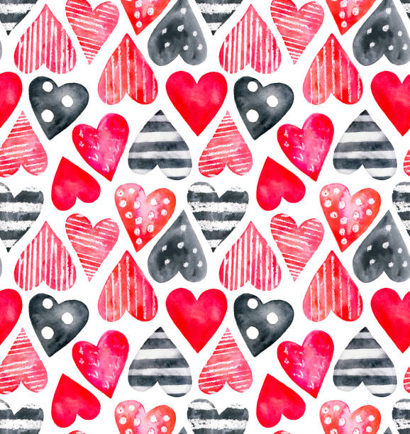 Seamless pattern, watercolor hearts. Hand painted illustration, isolated, white background. Colorful, variegated, stripes, polka dots, lines, hatching effect, symbolic, modern, different sizes hearts. drawing of pink and black polka dot wallpaper stock illustrations