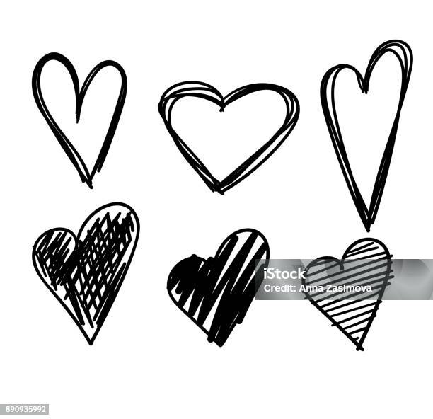 Hand Drawn Hearts Set Isolated Design Elements For Valentines Day Collection Of Doodle Sketch Hearts Hand Drawn With Ink Vector Illustration 10 Eps Stock Illustration - Download Image Now