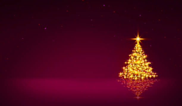 Golden Christmas tree and red star sky Christmas tree with lights isolated on red star sky background. schmuckkörbchen stock illustrations