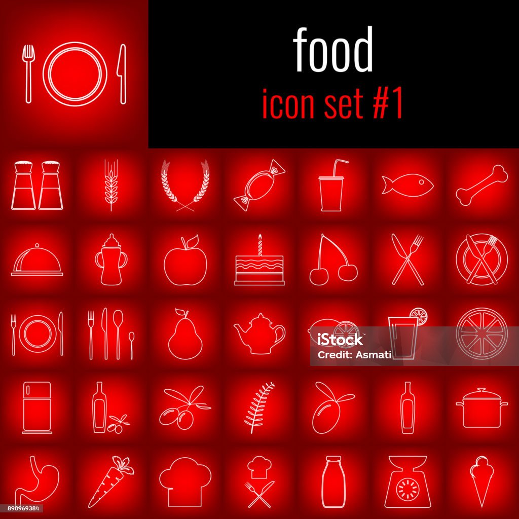 Food. Icon set 1. White line icon on red gradient backgrpund. Affectionate stock vector