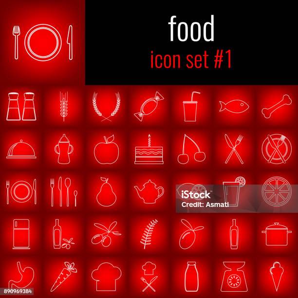 Food Icon Set 1 White Line Icon On Red Gradient Backgrpund Stock Illustration - Download Image Now