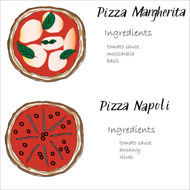 피자 재료 낙서 graghic로 그려진 손으로 설정 - pizza illustration and painting italian cuisine salami stock illustrations
