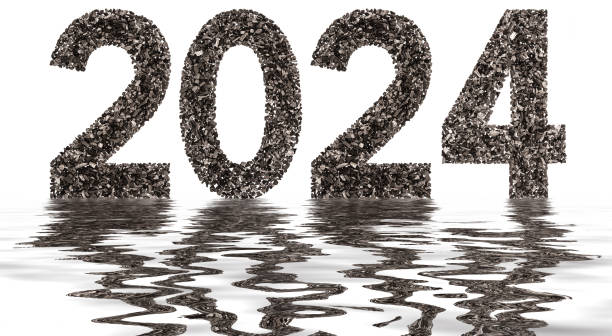 istock Numeral 2024 from black a natural charcoal, isolated on white background, reflection in water 891000138