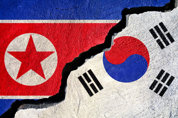 istock Concept North Korea and South Korea flag on cracked background 891003100