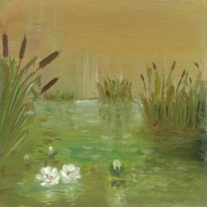 My own oil painting representing a pond with reed and water lily flowers. I am the owner of the copyright.