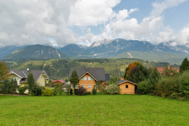 Austrian Alps rural landscape in the clouds. Haus, Styria, Austria