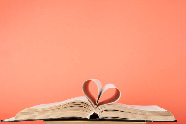Heart from book page on red background.Free copy space. Education concept. stock photo