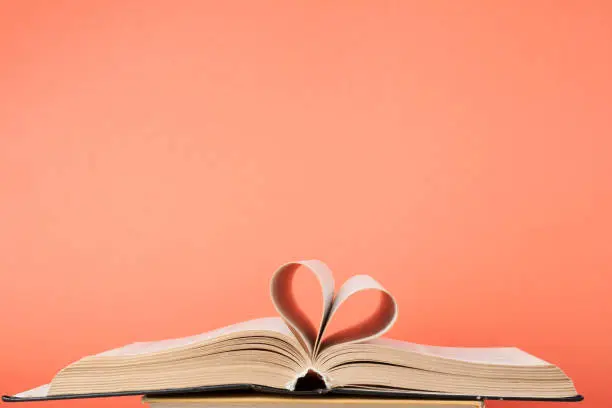 Photo of Heart from book page on red background.Free copy space. Education concept.