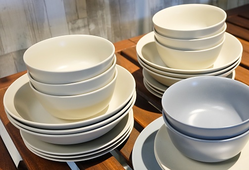 Kitchen Utensil, Collection of Porcelain Dishes, Bowls and Plates Preparing for Serve Hot and Cold Food.