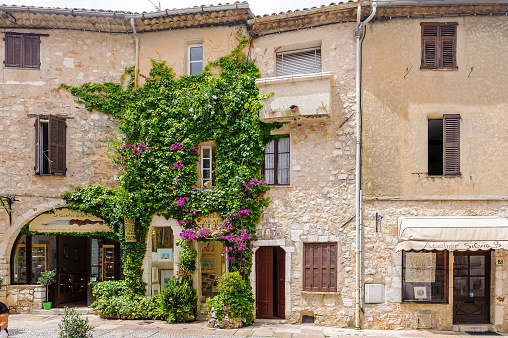 SAINT-PAUL-DE-VENCE, FRANCE - JUN 25, 2014: Beautiful old architecture of Saint Paul de Vence, one of the oldest towns of the Frence Riviera. Town of painters and galleries