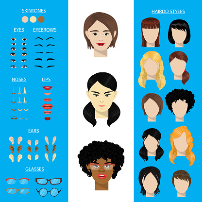 Woman character constructor vector set female face avatar creation head ears, lips, noses, eyes, eyebrows, hairdo. Asian African Americfacial girls facial elements construction illustration isolated.